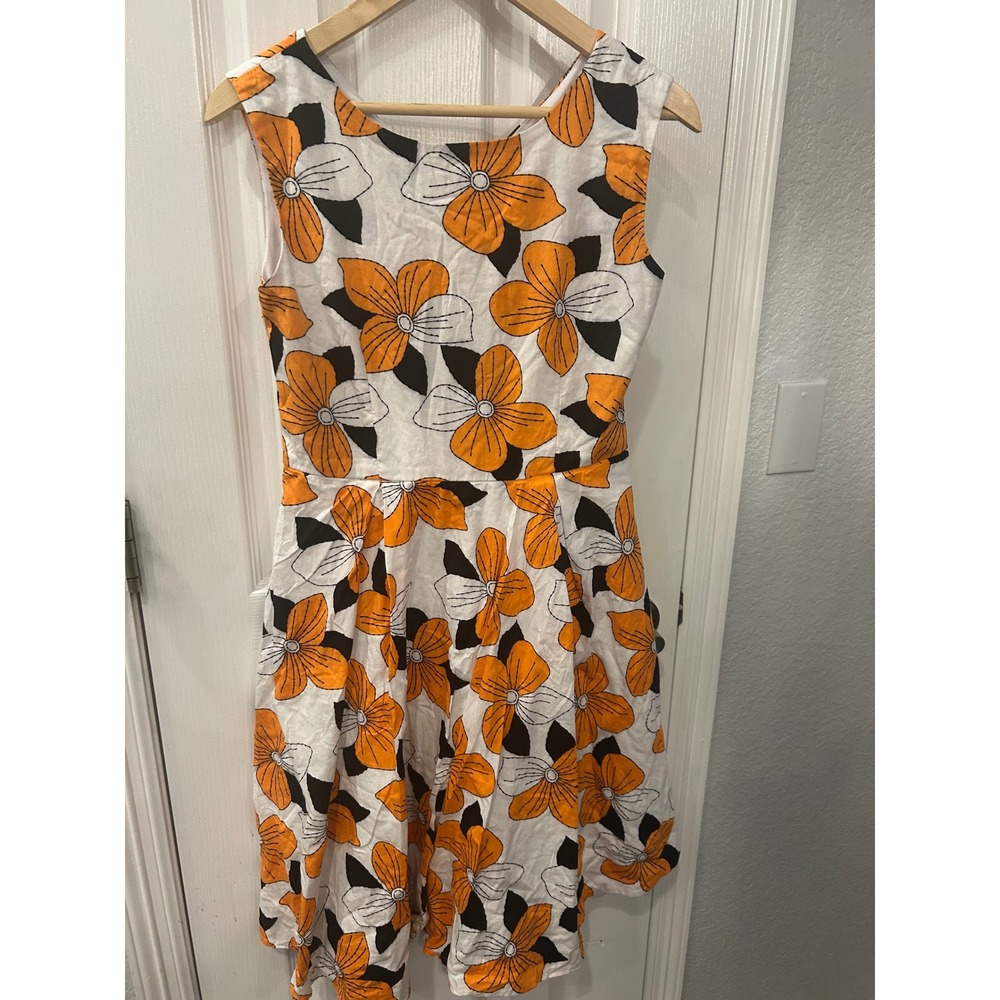Yellow Star Orange Floral Fit & Flare Dress Sleeveless Cotton Blend pinup M